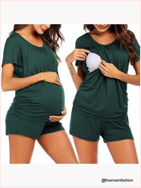 Maternity Nursing Pajama Set Short Sleeve Shorts Soft Fabric Breastfeeding
